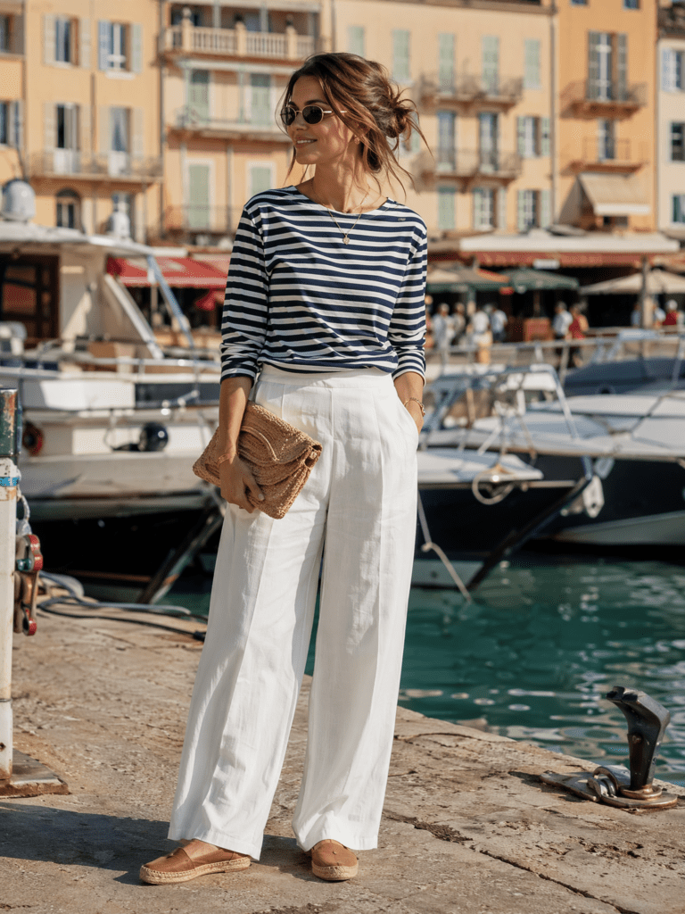 bretonstreifen top und weisse leinenhose mit weitem bein