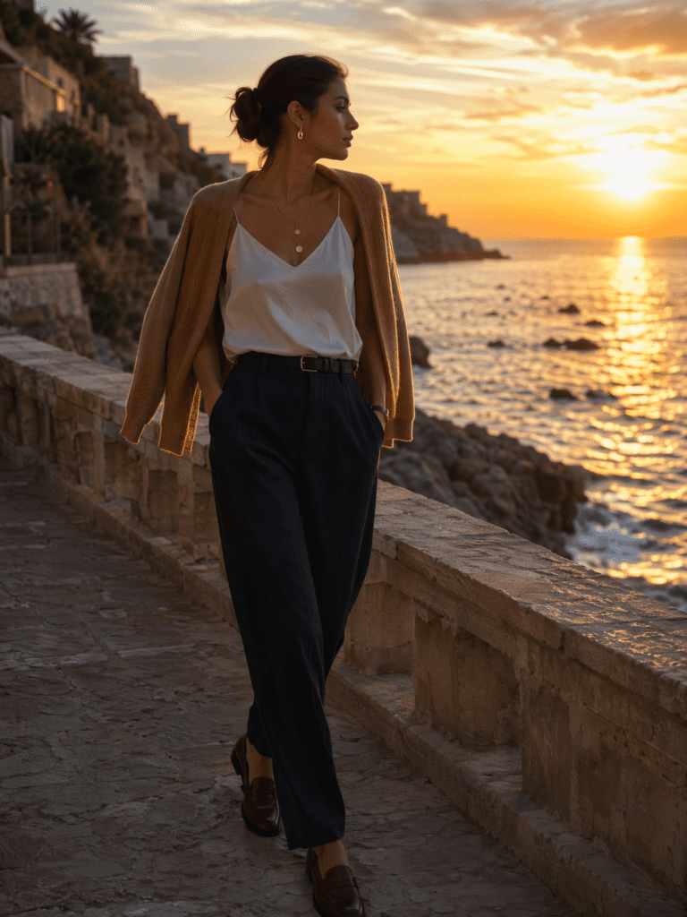 marineblaue leinenhose mit weitem bein seidentop und cardigan