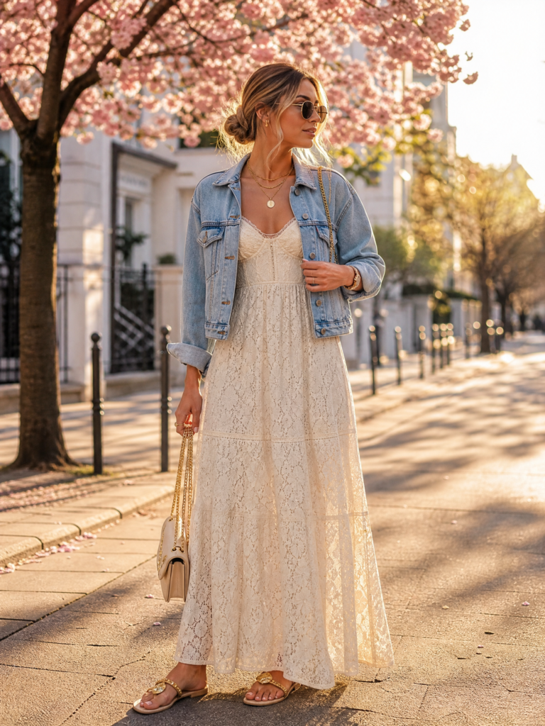 maxi spitzenkleid und jeansjacke