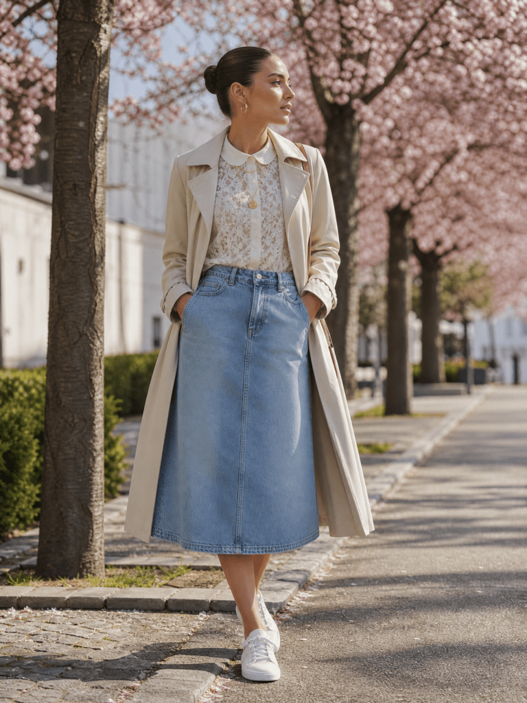 spizenbluse mit denim midi rock